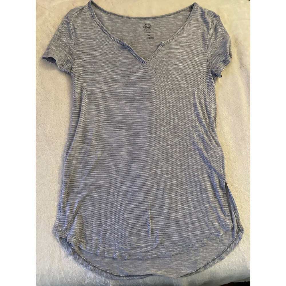 Relaxed Grey Space Dye Stripe Notched V-Neck Short Sleeve Tee XS - Picture 1 of 3